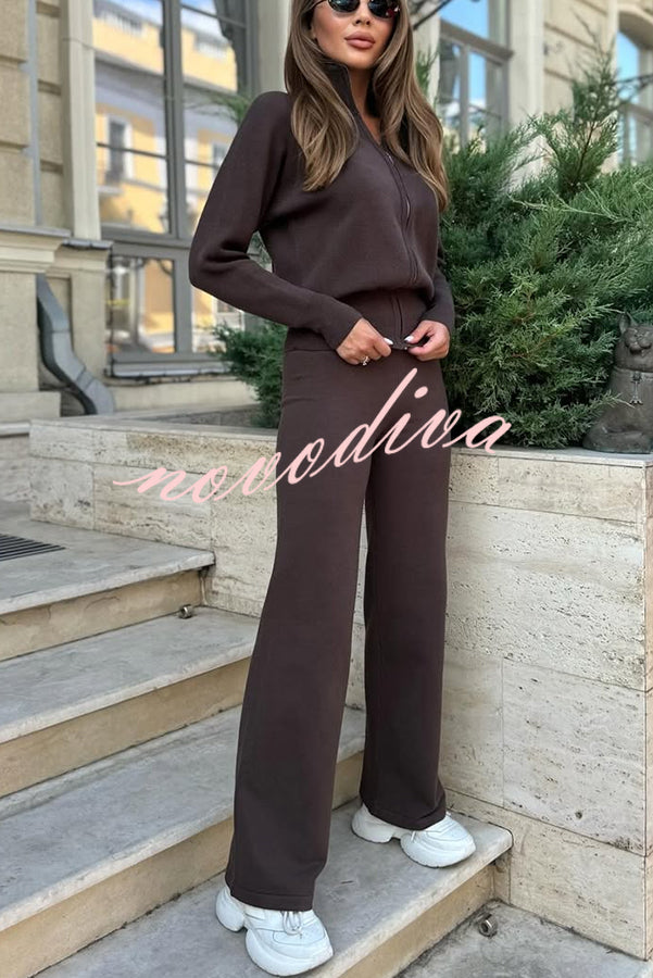 Cozycore Knit Zipper Long Sleeve Cardigan and Stretch Wide Leg Pants Set