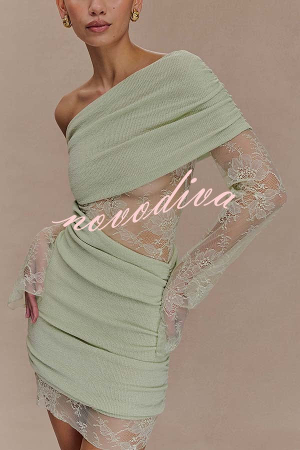 Fashion Lace Panel Long Sleeve Slim Fit Knit Mini Dress