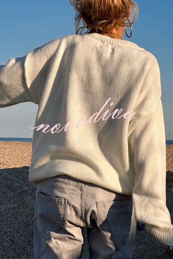 Letter Pattern Crew Neck Long Sleeve Loose Knit Sweater