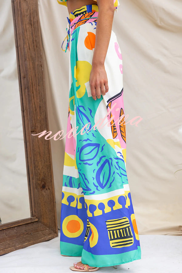 Maison Linen Blend Unique Print High Neck Top and Elastic Tie-up Waist Pocket Wide Leg Pants Set