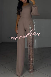 Carlisle One Shoulder Slit Lantern Sleeve Sequin Patchwork Wide Leg Party Jumpsuit