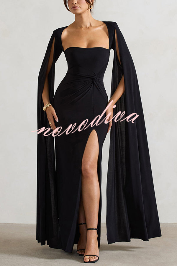 Elegant Goddess Square Neck Twisted Cape Sleeve Slit Maxi Dress