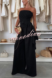 Elegant Solid Color Asymmetric Ruffles Bandeau Top and High Waist Wide Leg Pants Set