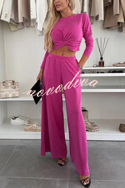 Solid Color Round Neck Long Sleeve Twist Crop Top and Elastic Waist Pocket Wide Leg Pants Set