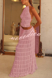 Versatility and Vintage Charm Pleated Drawstring Waist Tiered Maxi Skirt