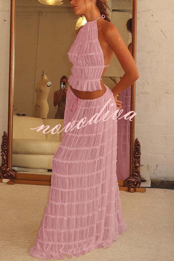 Versatility and Vintage Charm Pleated Drawstring Waist Tiered Maxi Skirt