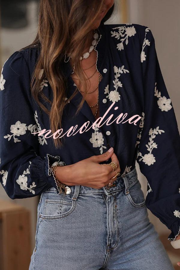 Floral Embroidery Long-Sleeved Button-Up Elegant Shirt