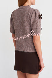 Jensin Knit Satin Bow Detail Short Sleeve Crop Sweater