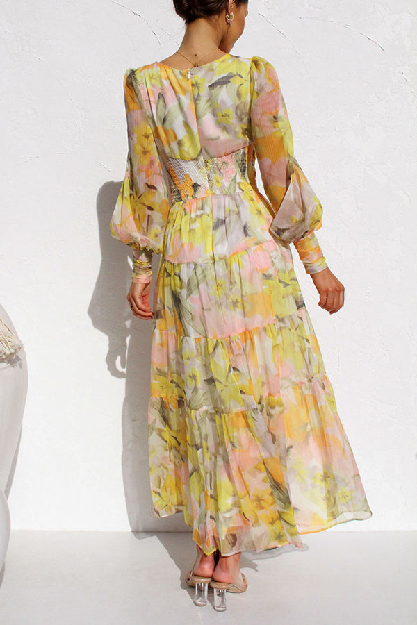 Olena Abstract Floral Balloon Sleeves Maxi Dress