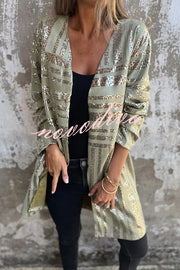 Fashionable Gold Foil Leopard Print Suede Long Sleeve Loose Pocket Midi Coat