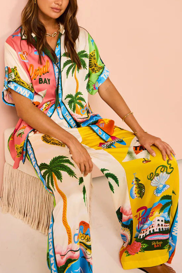 Kissed By The Sun Satin Unique Print Colorblock Button Down Oversized Blouse