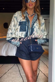 Bohemian Elegant Satin Contrast Color Unique Print Button Up Pocket Loose Blouse