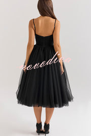 Royal Treatment Tulle Bows Detail Ruched Slip Midi Dress