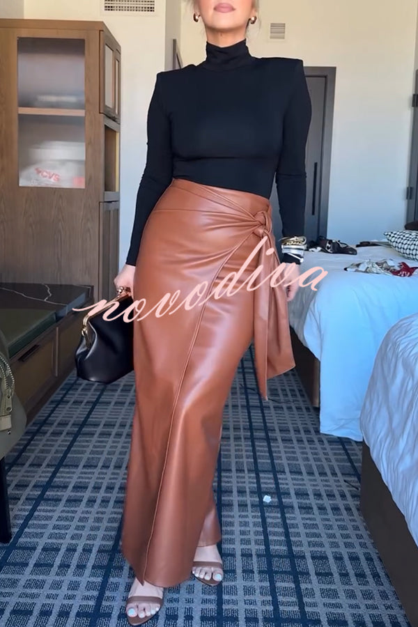 Snappy Casual Slay Faux Leather High Rise Wrap Tie-up Stretch Maxi Skirt