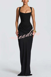 Larrah Square Neck Back Lace-up Satin Drape Hem Maxi Dress