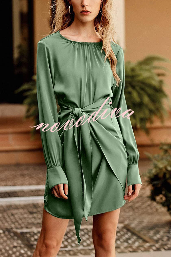 Satin Round Neck Long Sleeve Elastic Tie Mini Dress