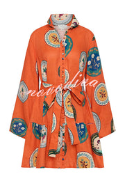 Linen Blend Unique Print Tie Waist Loose Mini Dress