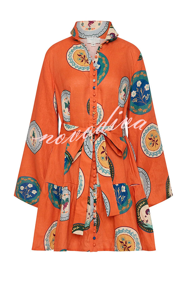 Linen Blend Unique Print Tie Waist Loose Mini Dress