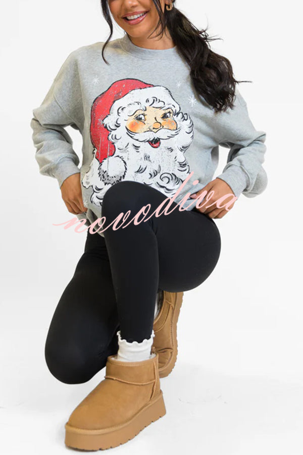 Christmas Cartoon Santa Claus Print Long Sleeve Loose Sweatshirt