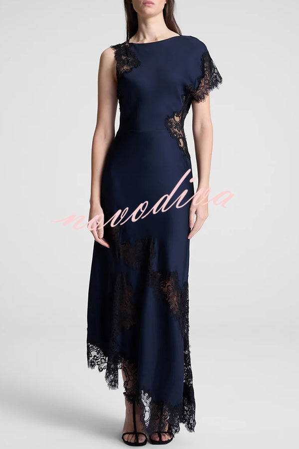 Paris Dream Satin Lace Trim Irregular Design Drape Maxi Dress