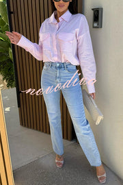Stripe Print Lapel Long Sleeve Pocket Casual Shirt