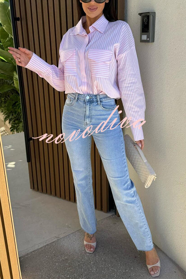 Stripe Print Lapel Long Sleeve Pocket Casual Shirt
