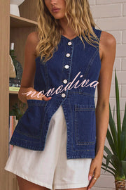 Fashionable Casual Slim Fit Button Pocket Denim Vest