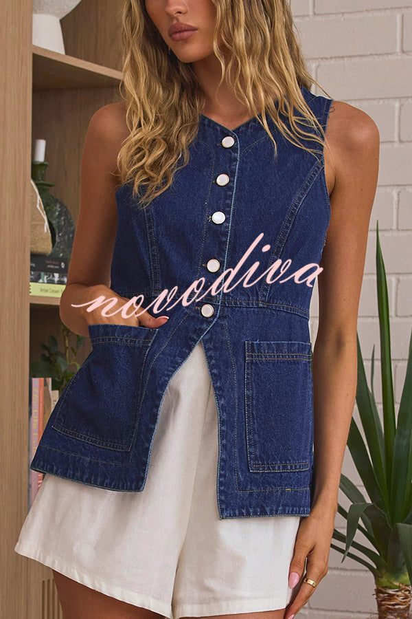 Fashionable Casual Slim Fit Button Pocket Denim Vest