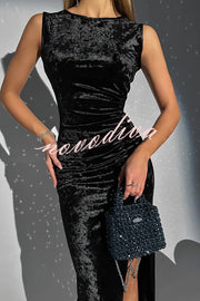 Solid Color Velvet Round Neck Sleeveless Slim Slit Maxi Dress
