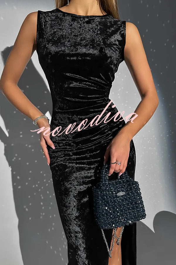Solid Color Velvet Round Neck Sleeveless Slim Slit Maxi Dress