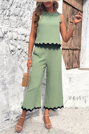 Wave Trimmed Round Neck Buttoned Elastic Waist Pants Suit