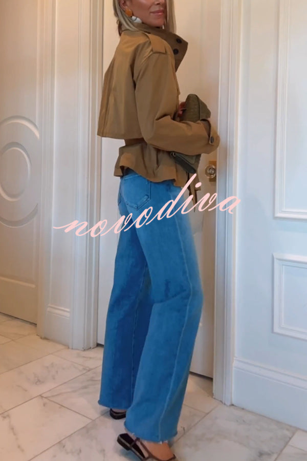 Chic Comfort Epaulettes Contrast Buttons Pocket Belt Cropped Trench Coat