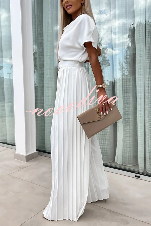 Ivy Cowl Neck Short Sleeve Belt Pleated Loose Wide Leg Jumpsuit