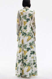 Floral Print Tie Neck Balloon Sleeves Elegant Maxi Dress