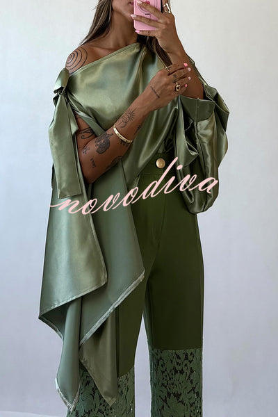 Chic Moment Satin Irregular Knot Slit Sleeve One Shoulder Loose Blouse
