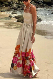 Hidden Garden Satin Floral Print Smocked Tie-up Shoulder Maxi Dress