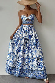 Floral Print Cutout Bandeau Top and Elastic Waist Full Maxi Skirt Set