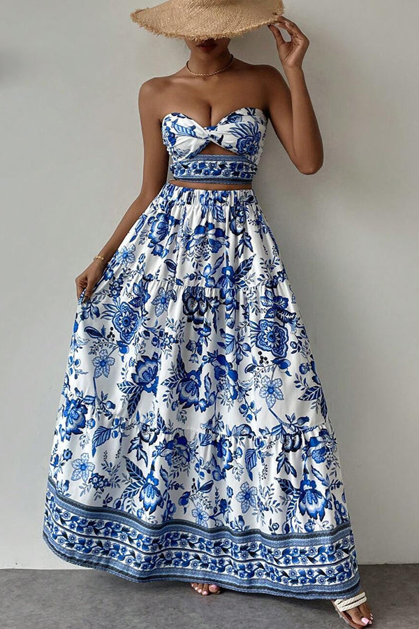 Floral Print Cutout Bandeau Top and Elastic Waist Full Maxi Skirt Set