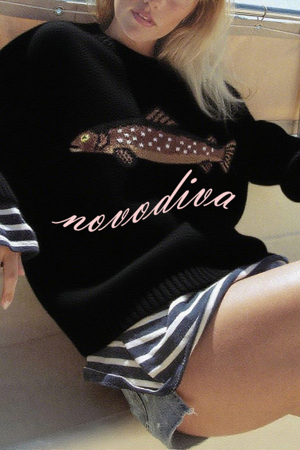 Fashionable Fish Pattern Round Neck Loose Knitted Sweater