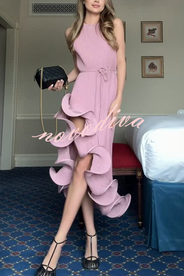 Solid Color Sleeveless Waist Tie Irregular Ruffle Slim Midi Dress