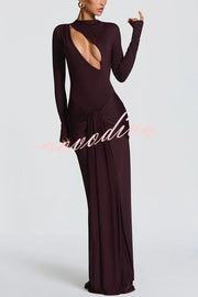 Sexy Cutout Fitted Long-sleeved Pleated Satin Ribbon Maxi Dresses