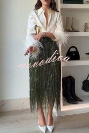 Party Crasher Feather Trim Long Sleeve Button Up Loose Blouse