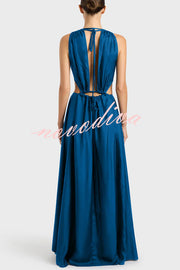 Midnight Charm Satin Ruched Cutout Tie-up Maxi Dress