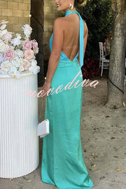 Like A Gem Satin Colorblock Halter Backless Party Maxi Dress