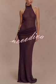 Quiet Confidence Knit Ruched Hip Halter Backless Stretch Maxi Dress