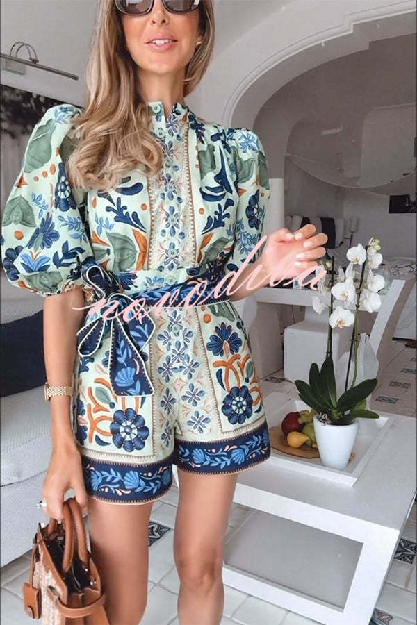 Elouise Linen Blend Unique Print Button Puff Sleeves Tie-up Pocketed Romper