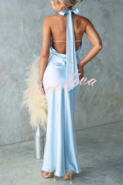Satin Fashion Halter Backless Slim Elegant Maxi Dress