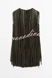 Modern Times Faux Leather Layered Tassel Design Sleeveless H-line Mini Dress