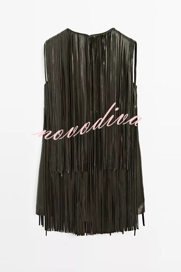Modern Times Faux Leather Layered Tassel Design Sleeveless H-line Mini Dress