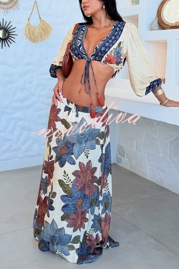 Unique Printed V-Neck Tie Cropped Top and Elastic Waist Casual Maxi Skirt Set